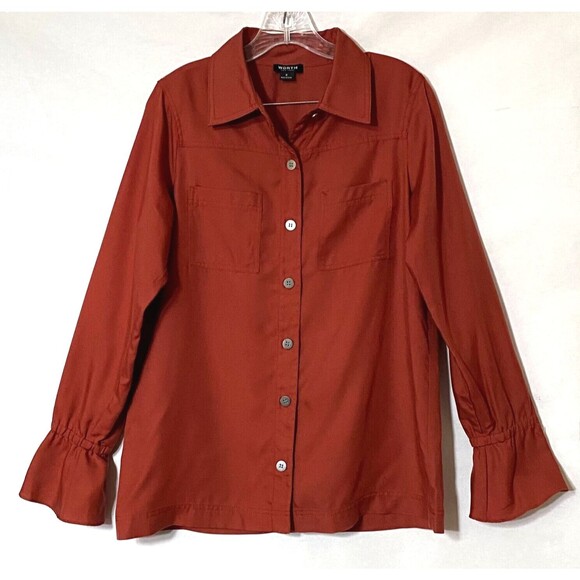 Worth New York Shirt Jacket Women S Terra Cotta Poet Sleeves Open Slit Back NWOT - Picture 3 of 14